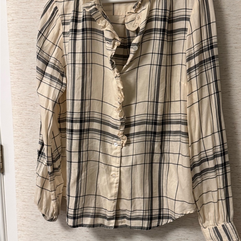 Frame Denim Cream and Black Checkered Ruffle Blouse